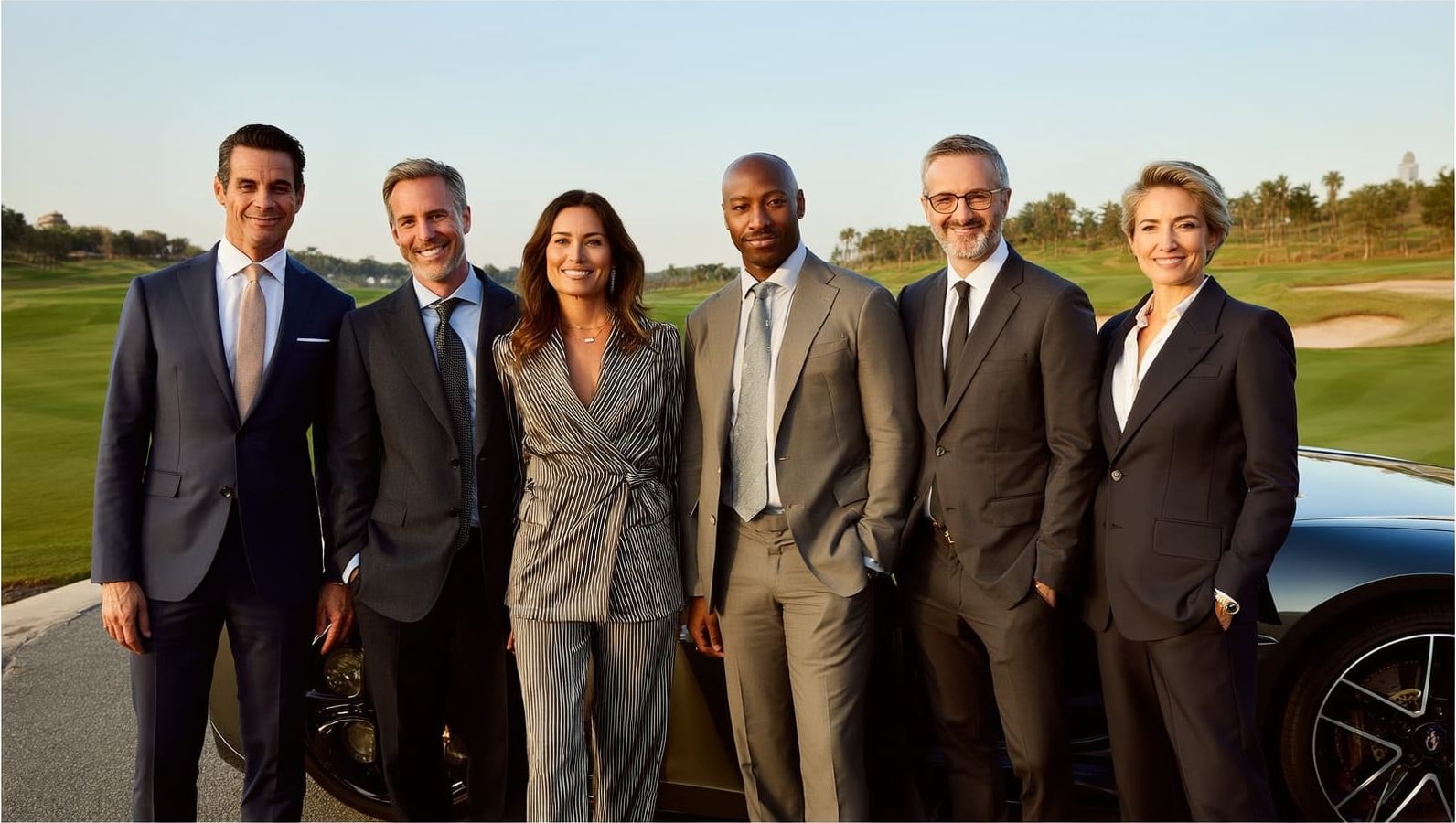 Five colleagues in sharp tailored business attire standing near a luxury sports car with a golf course in the background