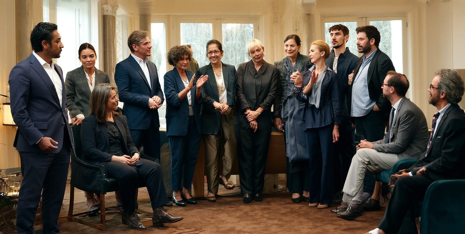 A small group in a sophisticated advisory strategy meeting in a warm architectural interior