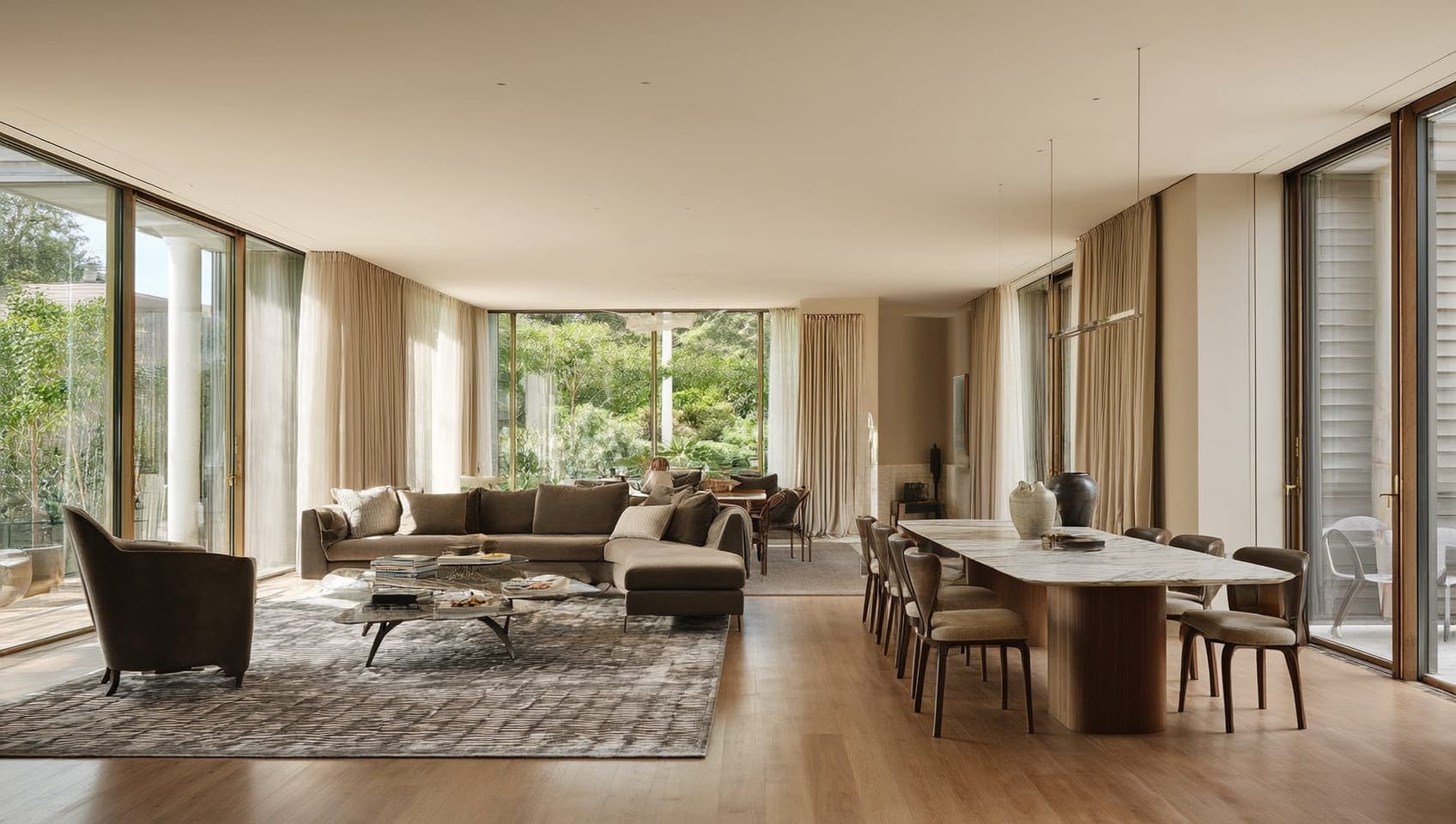 Bright open-concept luxury living room and dining space prepared for market