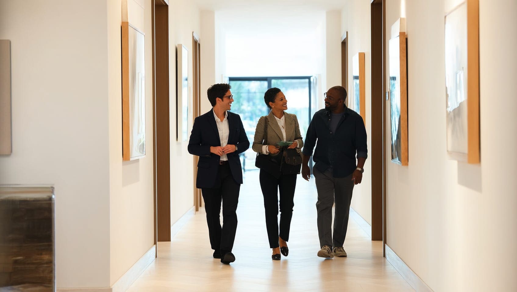 JULY advisor walking two clients through a bright modern gallery hallway during a private showing