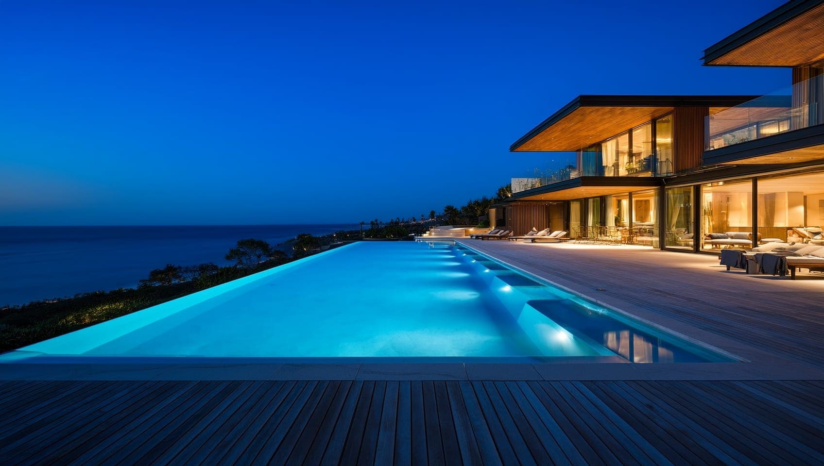 Modern oceanfront estate glowing at twilight with an illuminated infinity pool