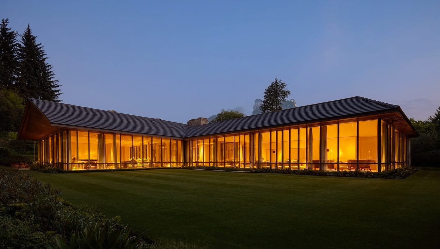 Modern luxury estate at dusk viewed from the garden